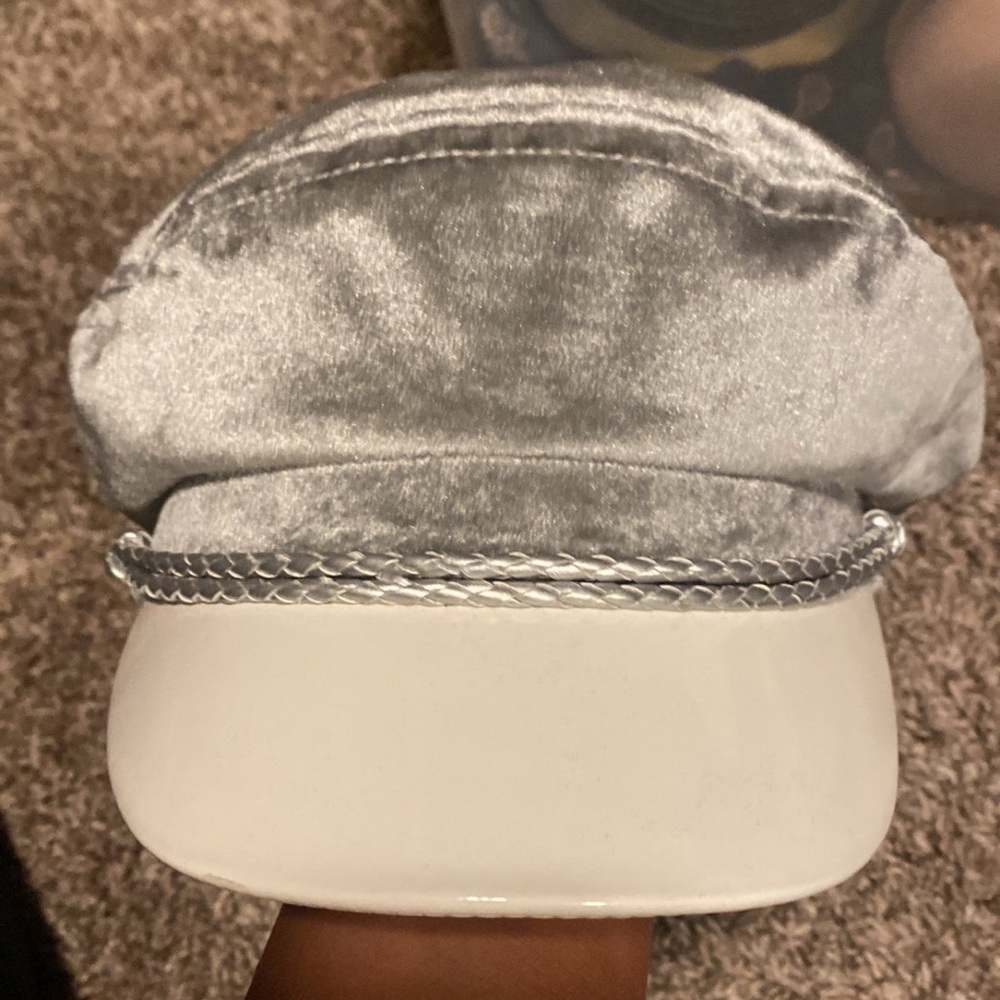 Brixton Silver/Grey Velvet Women’s Captains Hat w/White Patent Leather Brim